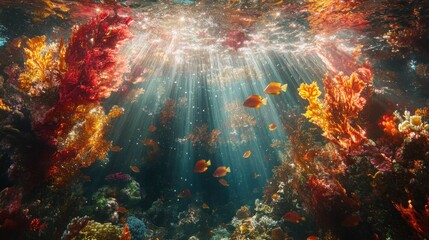 Wall Mural - Vibrant underwater coral reef scene with sunlight rays illuminating colorful coral and fish.