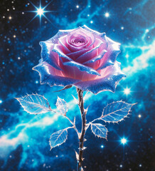 Wall Mural - artistic glass or crystal ice rose over blue cosmic background with stars