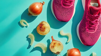 Wall Mural - Pink sneakers, onions, and celery arranged on a turquoise background.