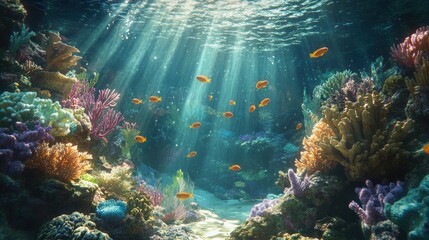 Wall Mural - Vibrant coral reef teeming with colorful fish, sunlit underwater scene.