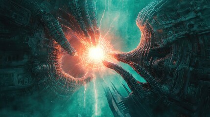 Wall Mural - two metallic, biomechanical hands converge, creating a bright energy sphere against a dark, teal, co