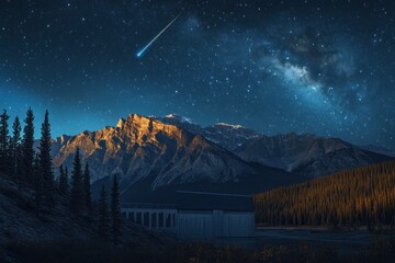 Sticker - Majestic mountain range at night under a vibrant starry sky with a shooting star.