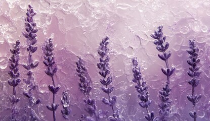 Poster - Frozen lavender flowers on ice background.