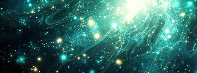 Wall Mural - abstract teal and gold swirling nebula texture with bright lights.