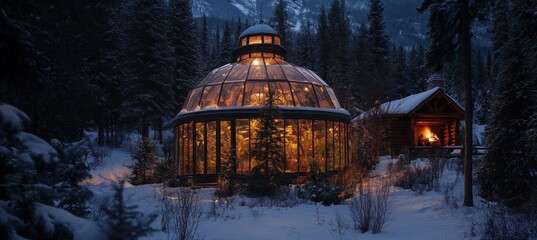 Poster - Illuminated glass conservatory nestled in a snowy winter forest landscape, next to a cozy cabin.