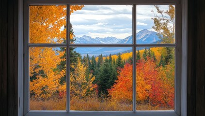 Poster - Autumnal mountain view seen through a rustic window pane.