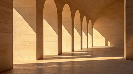 Wall Mural - Sunlit arched hallway with warm-toned stone walls and floor, creating a calm, serene atmosphere.