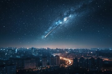 Wall Mural - Night cityscape with shooting star and Milky Way.