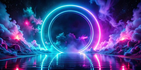 Poster - Retro Wave Glitch Circle: Sparkling Blue & Purple Glows with Smoke - Long Exposure Stock Photo