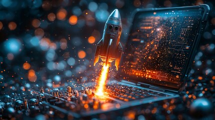 Poster - A visually striking scene of a rocket soaring above a laptop displaying intricate circuitry, signifying the blend of technology, innovation, and modern exploration.
