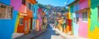 © Itsaree  - Brazilian favela cityscape, colorful painted buildings, narrow streets, vibrant urban culture, ideal for creative graphic art projects, rich textures, streetlevel view