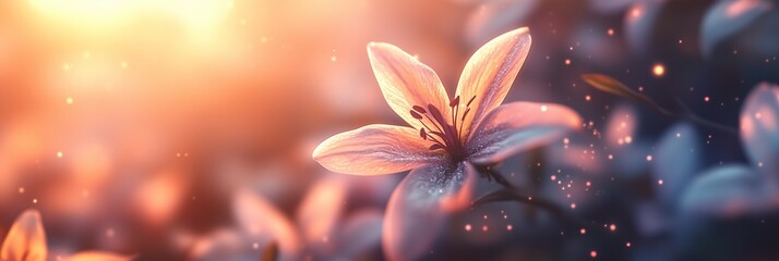 Poster - delicate six petaled flower bathed in warm light surrounded by dreamlike bokeh effect with sparkling particles