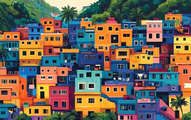 brazilian favela with colorful buildings, street art, and vibrant culture, perfect for graphic art, 