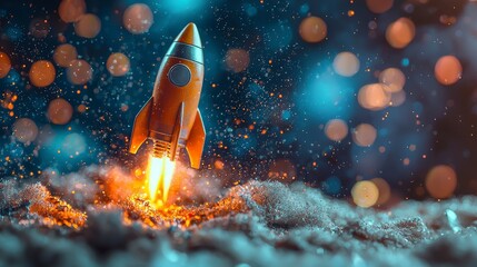 Poster - An imaginative portrayal of a stylized rocket taking flight from a laptop keyboard, emitting flames and surrounded by clouds, representing the blend of tech and creativity in art.