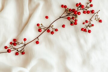 Wall Mural - Red berries branch on white fabric background.