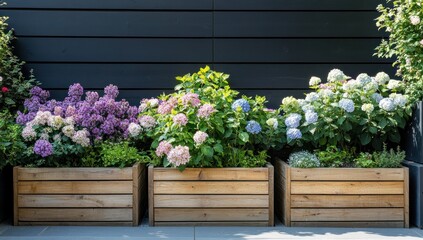 Wall Mural - Three wooden planters with various hydrangeas and other flowers against a dark wall.