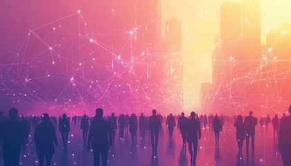 Aufkleber - Largescale human connection, minimalistic figures linked by weblike lines, global business network concept, sleek and modern flat vector illustration, corporate design