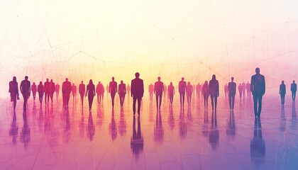Aufkleber - Largescale human connection, minimalistic figures linked by weblike lines, global business network concept, sleek and modern flat vector illustration, corporate design