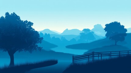 Wall Mural - Serene landscape featuring a tranquil river, lush trees, and distant mountains at dawn