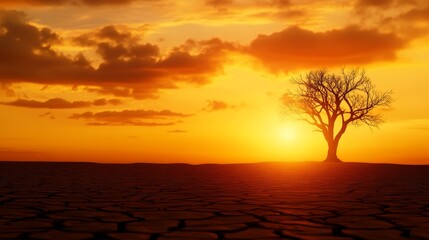 Wall Mural - solitary tree silhouetted against a vibrant sunset in a dry, cracked landscape, evoking resilience