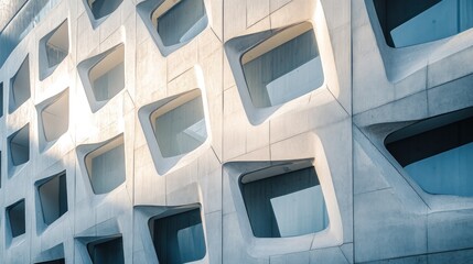 Wall Mural - Abstract textured concrete building facade with numerous square windows, sunlight highlights.