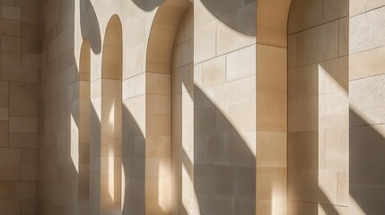 Wall Mural - Sunlight streams through arched windows in a light beige stone wall.