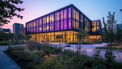 Wall Mural - Modern glass building at dusk, illuminated interior, landscaped courtyard.