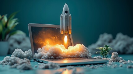 Poster - A sleek spaceship rocket blasting off from a laptop screen, enveloped in fluffy clouds and dazzling light, representing innovation and the fusion of technology with dreams.