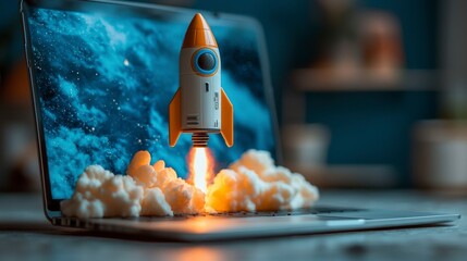 Poster - A distinctively designed orange rocket launching from a laptop, surrounded by bright clouds, signifying technological innovation intertwined with imaginative exploration.