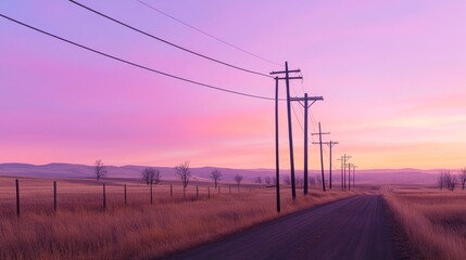Wall Mural - serene rural landscape at dusk with power lines along a winding road under a colorful sky