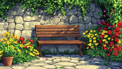 Wall Mural - Sunny garden scene with wooden bench against stone wall, surrounded by colorful flowers and lush greenery.