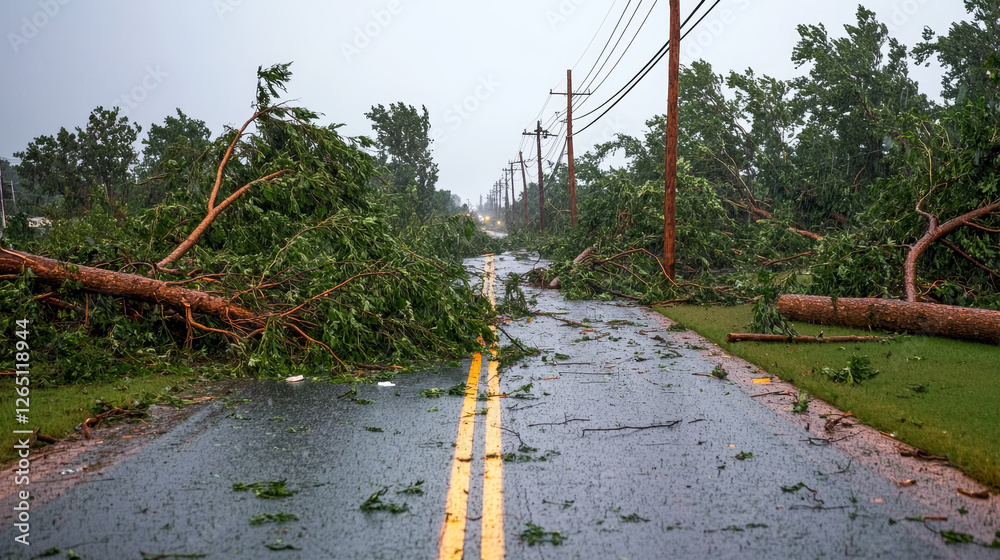 Road covered with trees looks disastrous after powerful storm down ...
