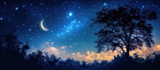 Wall Mural - serene nightscape with crescent moon, stars, and silhouetted tree.