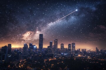 Wall Mural - night cityscape with meteor shower and starry sky.
