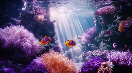 Wall Mural - Vibrant coral reef scene with clownfish swimming amidst colorful corals and anemones, sunbeams penetrating the water.