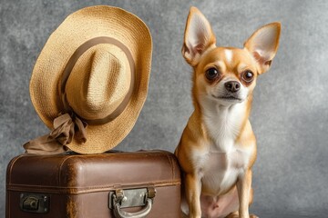 Wall Mural - Adorable chihuahua dog sits beside a vintage suitcase and straw hat, ready for travel.