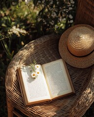 Wall Mural - Open book with daisies on wicker chair, straw hat beside it in garden.