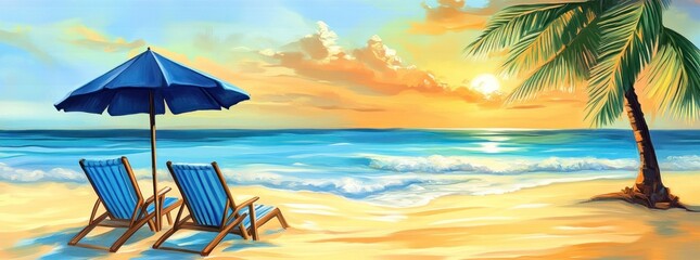 Wall Mural - Idyllic beach sunset scene with two lounge chairs under a blue umbrella, beside a palm tree.