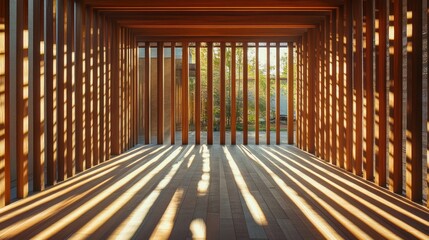 Poster - Wooden Pavilion Interior with Sunlight Streaks, Outdoor Garden View