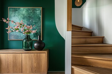 Wall Mural - Modern interior design with wooden staircase, green wall, and vase of flowers.