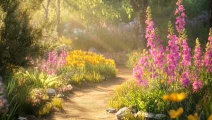 Wall Mural - Sunlit garden path with colorful flowers and lush greenery. (1)