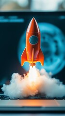 Poster - A vibrant portrayal of a rocket rising dramatically from a laptop screen, illustrating the energy and excitement synonymous with creativity and modern technological advancements.