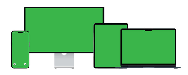Poster - Set of realistic computer monitors, laptops, tablets and mobile phones. Electronic gadgets on white background. Green screen copy space. Modern gadgets with chromakey space on screen.