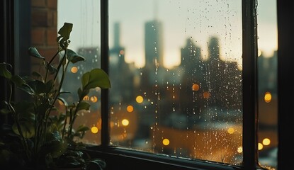 Wall Mural - Rainy cityscape view from window with plant.