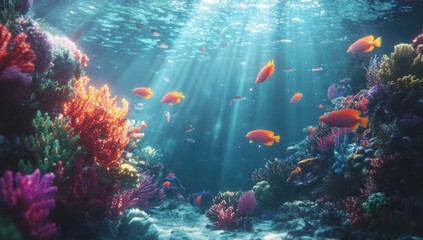 Wall Mural - Vibrant coral reef teeming with colorful fish, sunlight penetrates the water, creating a stunning underwater scene.