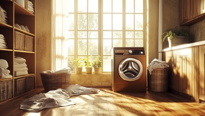 Poster - Sunlit laundry room with washer, baskets, shelves, and plants.