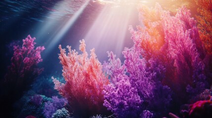 Wall Mural - Vibrant underwater coral reef scene with sunbeams.