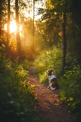 Wall Mural - Beagle dog sitting on a forest path at sunset.