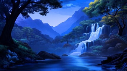 Wall Mural - Serene waterfall cascading through a lush forest at twilight with mountains in the background