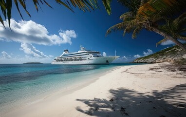 Wall Mural - Luxury cruise ship anchored near a pristine tropical beach with palm trees, clear turquoise water, and a sunny sky.